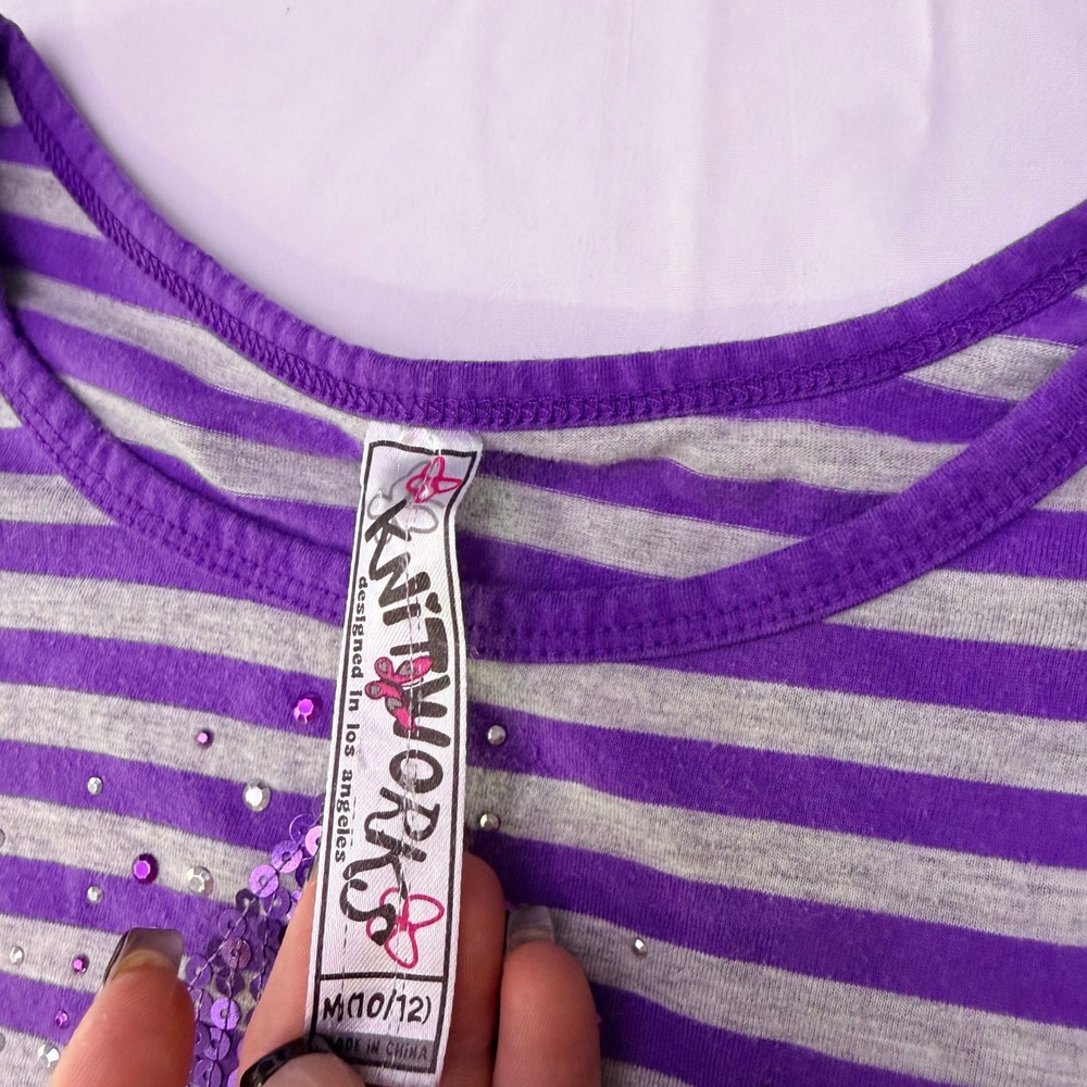 Knitworks Girls Purple‎ Striped Sequin Star Crop Top Shirt Size M 10/12 JCP1184K - Picture 5 of 9